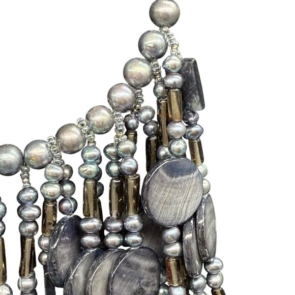 Amphai Handmade Layered Gray Shell MOP Pearls Smoky Quartz Sterling Necklace - Picture 4 of 9